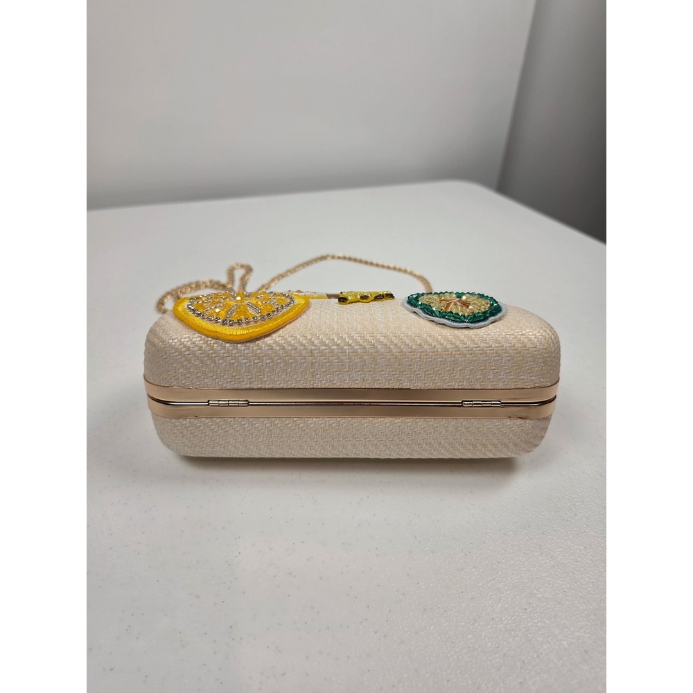 Haute Hippie Beaded Fruit Straw Clutch Crossbody Bamboo Handle Bag Natural NEW - Picture 8 of 13